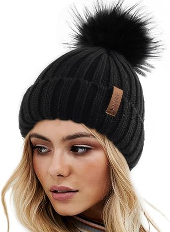 Photo 1 of FURTALK Winter Beanie Hat for Women Cotton Lined Faux Fur Pom Pom Black