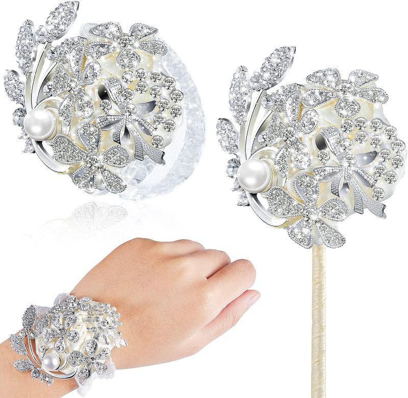 Photo 1 of 2 Pcs Artificial Corsages Wrist Flower Rhinestone Silver Ivory Vintage Style