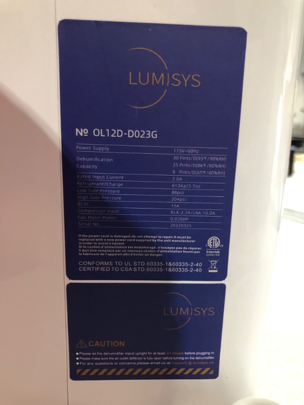 Photo 8 of ***SEE NOTES*** Lumisys 2000 Sq Ft 30 Pints Dehumidifier