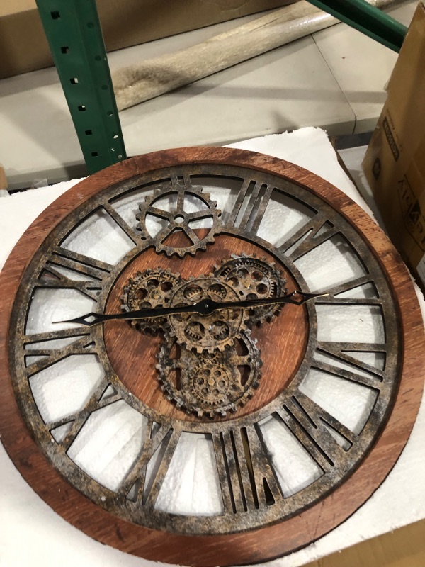 Photo 3 of The B-Style Large Real Moving Gears Wall Clock 30 inch Rustic Retro Industrial Farmhouse Wood Clock   **** DAMAGED ITEM NMISSING HANDS SCREW TO HOLD HANDS ON **** SEE PHOTO FOR OTHER DAMAGE 