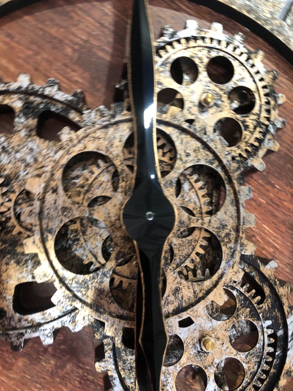 Photo 5 of The B-Style Large Real Moving Gears Wall Clock 30 inch Rustic Retro Industrial Farmhouse Wood Clock   **** DAMAGED ITEM NMISSING HANDS SCREW TO HOLD HANDS ON **** SEE PHOTO FOR OTHER DAMAGE 