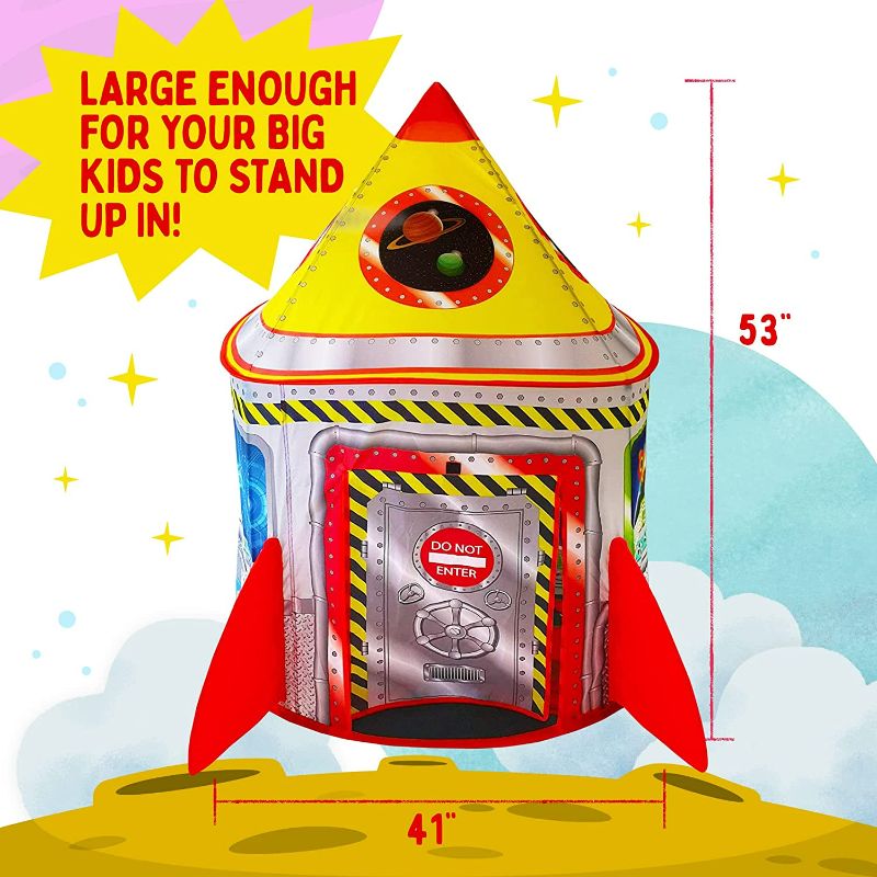 Photo 1 of ***** USEDD ITEM NO SEEN DAMAGES   Playz 5-in-1 Rocket Ship Play Tent for Kids with Dart Board, Tic Tac Toe, Maze Game, & Immersive Floor - Indoor & Outdoor Popup Playhouse Set for Toddler, Baby, & Children Birthday Gifts