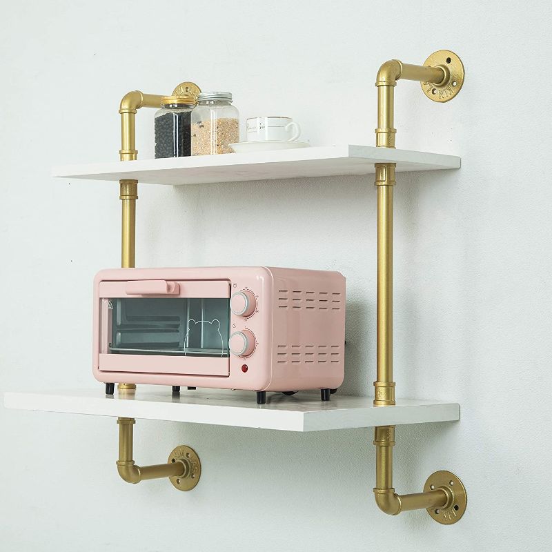 Photo 1 of **SEE NOTES**Gold,Industrial Iron Pipe shelves with wheels