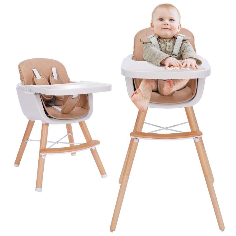 Photo 1 of 3-in-1 Convertible Wooden High Chair, Made of Sleek Hardwood & Premium Leatherette, Brown Color Classic Brown 11"D x 15"W x 37"H