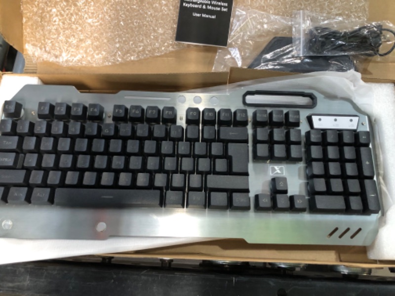 Photo 2 of Wireless Gaming Keyboard and Mouse, Rainbow Backlit Rechargeable Keyboard Mouse with 3800mAh Battery Metal Panel, Removable Hand Rest