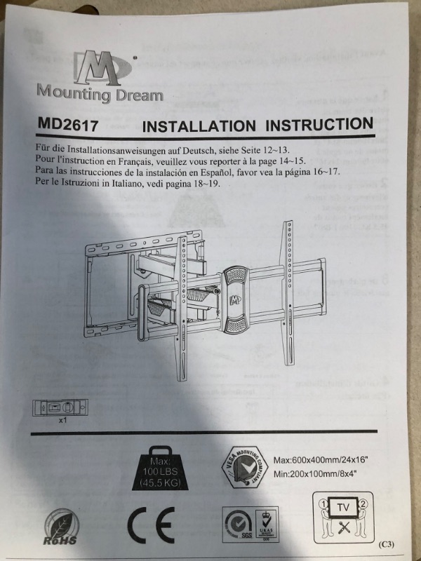 Photo 1 of Mounting Dream UL listed Full Motion TV Wall Mount Swivel and Tilt for Most 42-75 Inch Flat Screen TV, TV Mount Bracket with Articulating Dual Arms, Max VESA 600x400mm, 100 lbs, Fits 16" Studs, MD2617