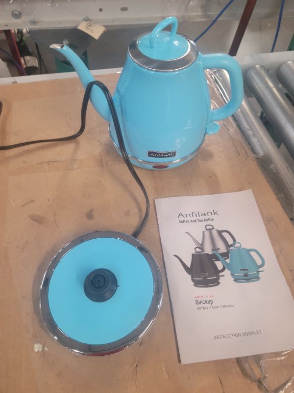 Photo 3 of **SEE NOTES**
Anfilank Gooseneck Electric Kettle (1.0L), 100% Stainless Steel BPA Free Classic Pour Over Coffee Kettle, 1500-Watt Quick Heating-Turquoise