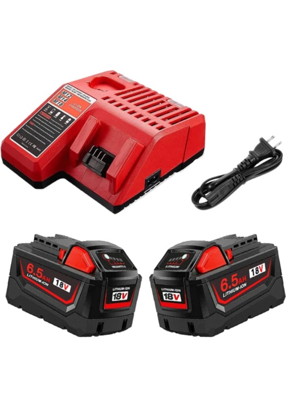 Photo 2 of 2 Packs 18V 6500mAh Replacement Battery and Charger Replacement for Milwaukee 18-Volt Li-ion Battery and M-18 Battery Charger