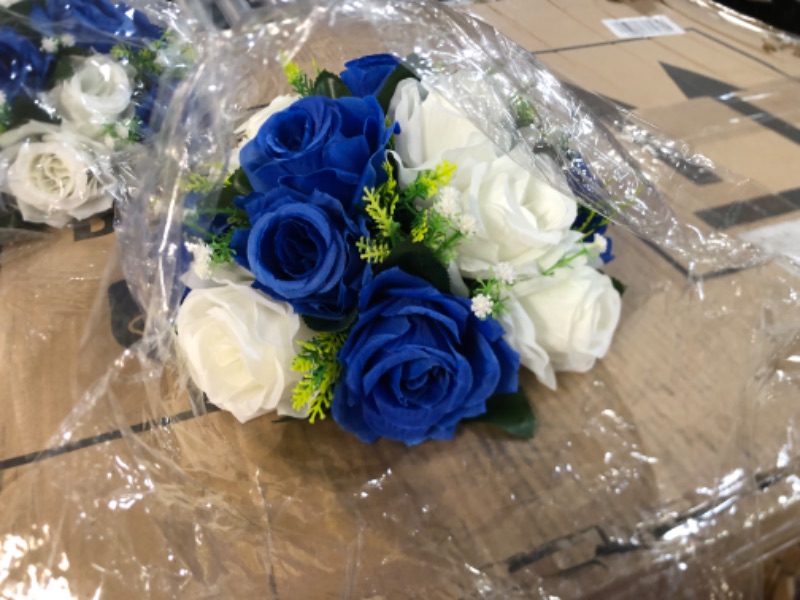 Photo 2 of **USED** NUPTIO Flower Ball Arrangement Bouquet - 2 Pcs 9.5 inch Diameter Royal Blue Fake Flowers Roses BallsRoyal Blue & White