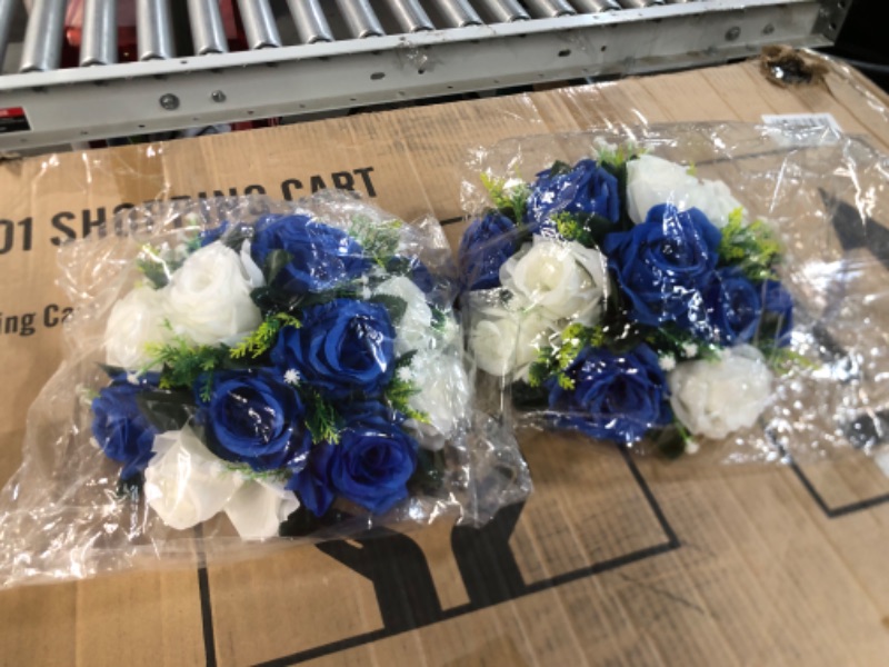 Photo 3 of **USED** NUPTIO Flower Ball Arrangement Bouquet - 2 Pcs 9.5 inch Diameter Royal Blue Fake Flowers Roses BallsRoyal Blue & White