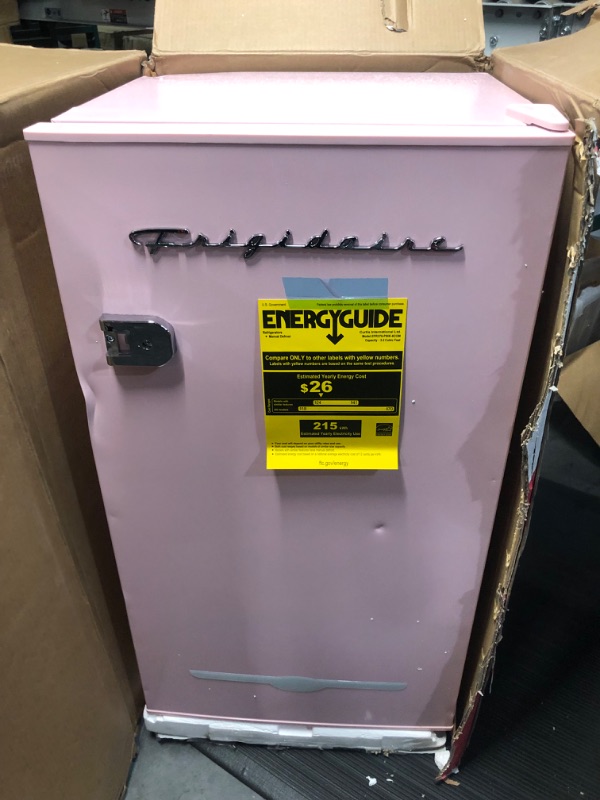 Photo 7 of **SEE NOTES
FRIGIDAIRE EFR376 Retro Bar Fridge Refrigerator with Side Bottle Opener, 3.2 cu. Ft, Pink/Coral PINK Single Door Fridge