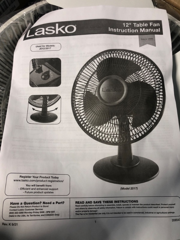 Photo 4 of **SEE NOTES** LASKO Table Fan Quiet 3-Speed 12-Inch