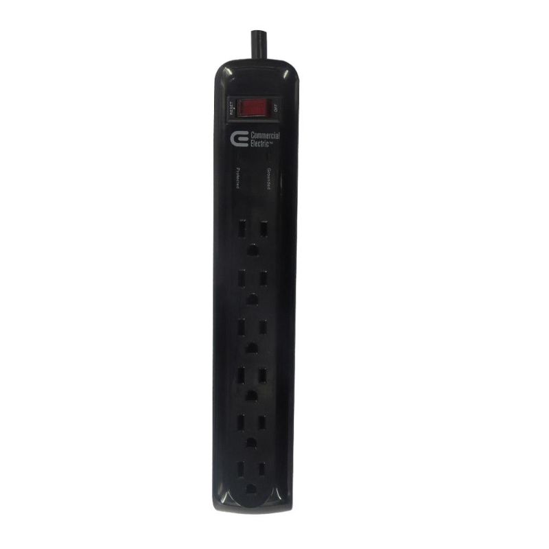 Photo 1 of PREVIOUSLY OWNED-  Commercial Electric 6-Outlet Surge Protector with 8 Cord and 45 Degree Flat Angle Plug Black
