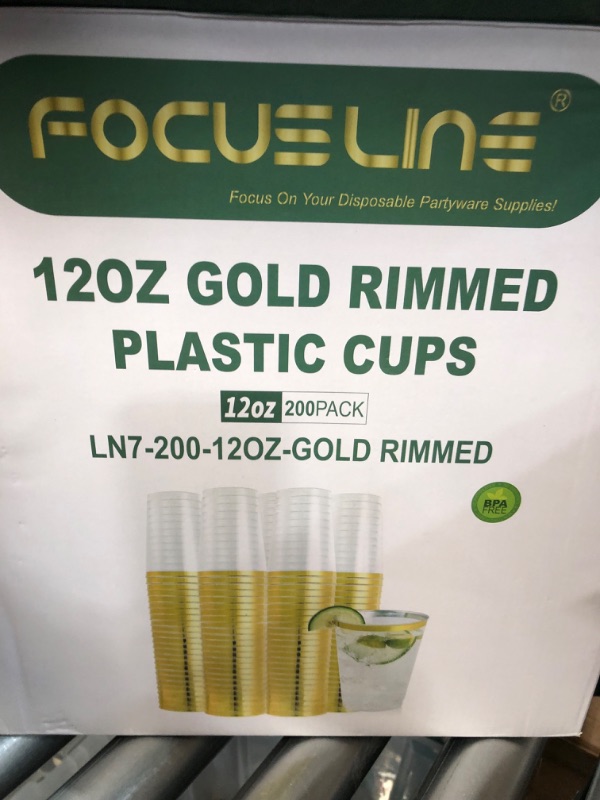 Photo 1 of FOCUSLINE 200 Pack 12 oz Gold Rimmed Plastic Cups, Clear Plastic Cups Tumblers, Heavy-duty & Fancy Disposable Hard Plastic Cups with Gold Rim 