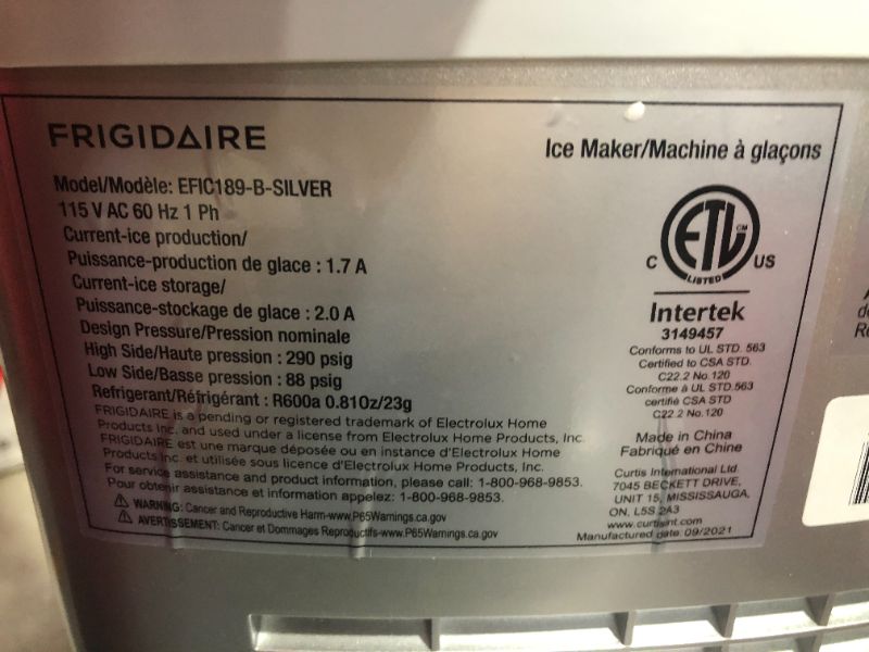 Photo 5 of ***POWERS ON - UNABLE TO TEST FURTHER - ICE BASKET AND SCOOP MISSING***
FRIGIDAIRE EFIC189-Silver Compact Ice Maker, 26 lb per Day