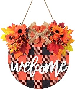 Photo 1 of [ Lighted & Timer ] Thanksgiving Wreath for Front Door Fall Decor Hello Sign Maple Leaves Pumpkin Berry Buffalo Plaid Battery Operated Wooden Sign Autumn Thanksgiving Decorations Indoor Outdoor Home
