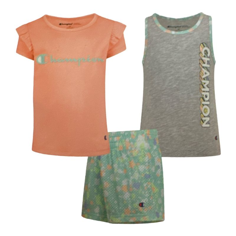 Photo 1 of Champion Girl S 3 Piece Polyester Tee Cotton Tank & Short Set (Macaron Coral/Oxford Heather/Aruba Blue 3T)
