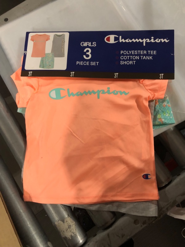 Photo 2 of Champion Girl S 3 Piece Polyester Tee Cotton Tank & Short Set (Macaron Coral/Oxford Heather/Aruba Blue 3T)
