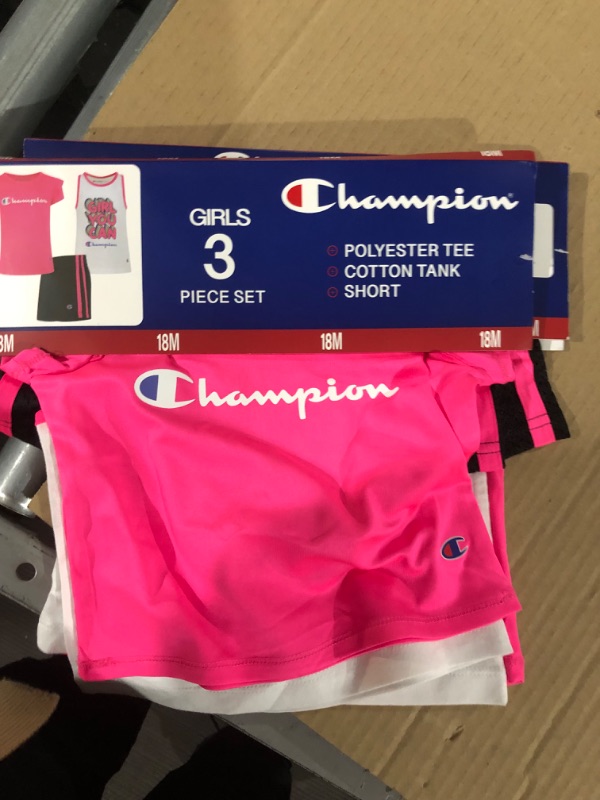 Photo 3 of Champion Girl S 3 Piece Polyester Tee Cotton Tank & Short Set (Knockout Pink/White/Black 18M)
