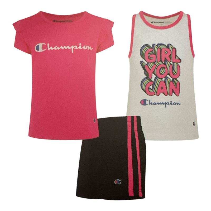 Photo 1 of Champion Girl S 3 Piece Polyester Tee Cotton Tank & Short Set (Knockout Pink/White/Black 18M)
