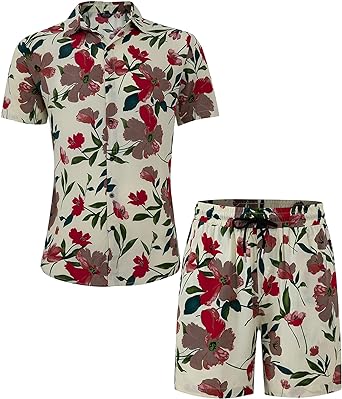 Photo 1 of Atwfo Men's Hawaiian Shirt and Short 2 Piece Vacation Outfits Sets Casual Button Down Beach Floral Suits for Summer
