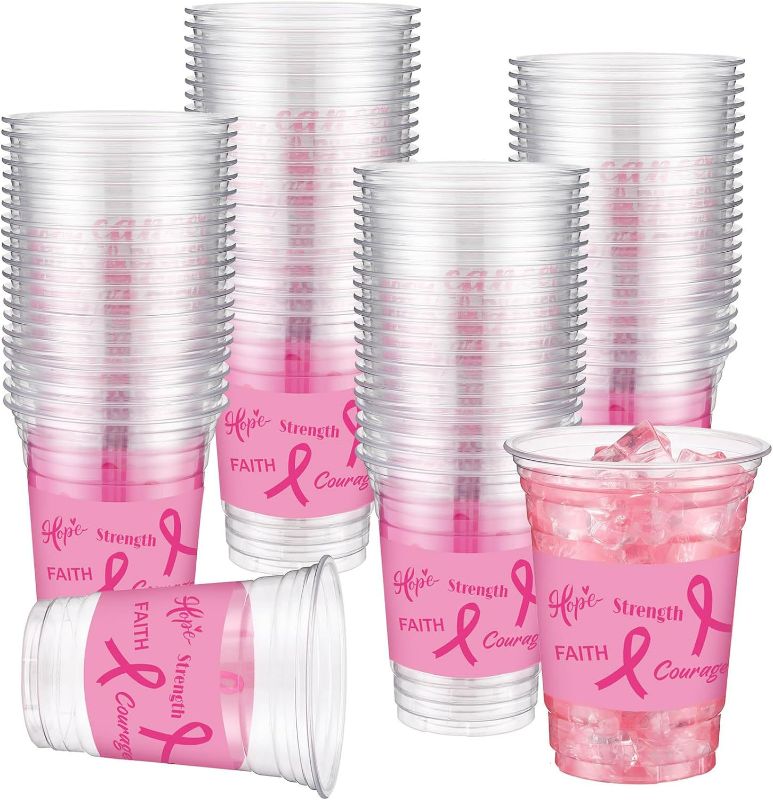 Photo 1 of  Breast Cancer Awareness Cups Bulk 16 oz Plastic Disposable Clear Cups With Pink Ribbon for Breast Cancer Charity Survivor Gift Campaign Party Supplies
**UNKNOWN QUANITY**

