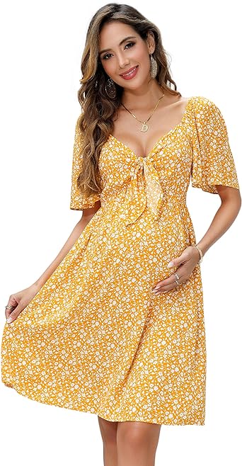 Photo 1 of FUNJULY Women's Maternity Short Sleeve V Neck Front Knotted Knee Length Wrap Dress for Baby Shower
