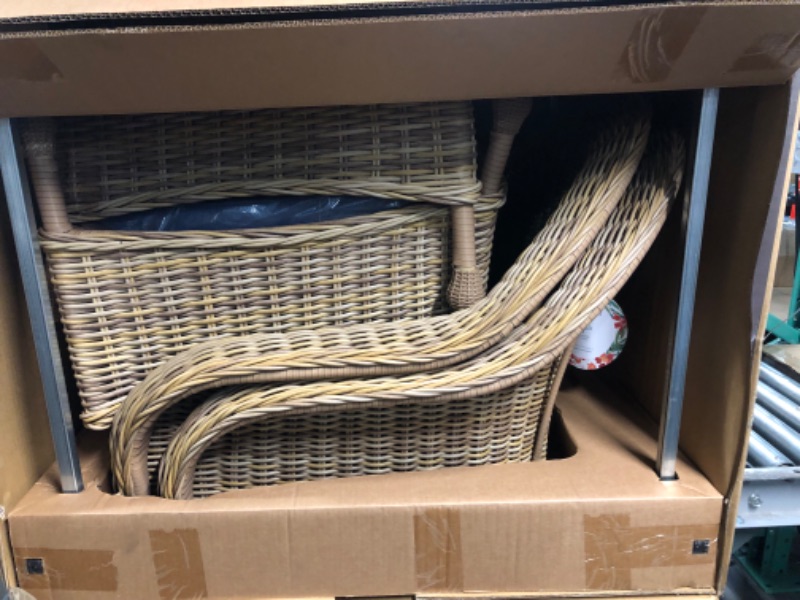 Photo 1 of allen + roth Serena Park Set of 2 Wicker Light Brown Steel Frame Stationary Dining Chair(s) with Blue Cushioned Seat