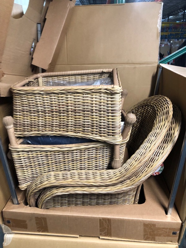 Photo 1 of allen + roth Serena Park Set of 2 Wicker Light Brown Steel Frame Stationary Dining Chair(s) with Blue Cushioned Seat