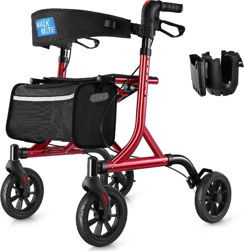 Photo 1 of blue-WALK MATE Rollator Walker for Seniors with Cup Holder, Upgraded Thumb Press Button for Height Adjustment, 4 x 8" Wheels Walker with Seat Padded Backrest Folding Lightweight Walking Aid, 
