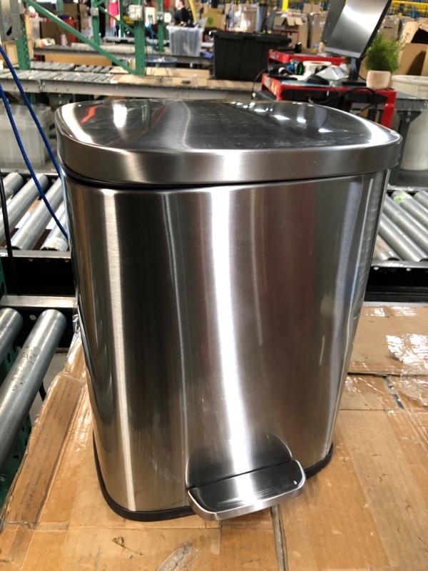 Photo 1 of Amazon Basics 12 Liter / 3.1 Gallon Soft-Close, Smude Resistant Small Trash Can with Foot Pedal - Brushed Stainless Steel, Satin Nickel Finish 12L / 3.1 Gallon