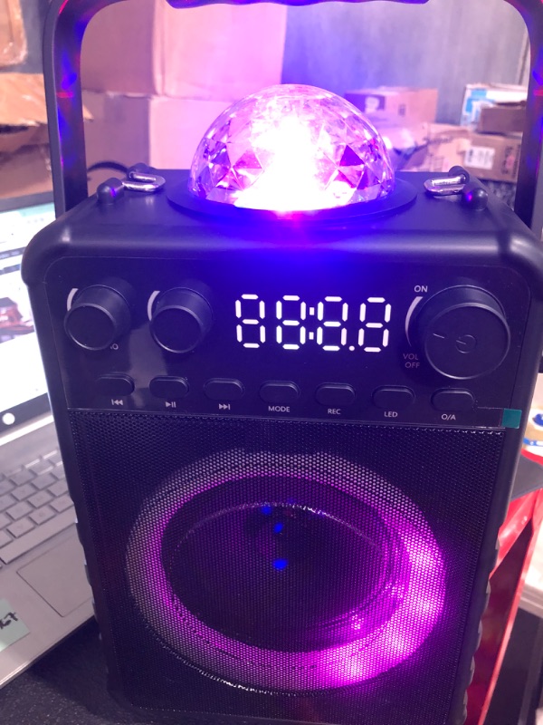 Photo 4 of Amazmic Karaoke Machine with 2 Wireless Microphones, Bluetooth Portable PA System Bluetooth Speaker with Disco Lights for Kids & Adults, Family Party/Speach, Supports TF Card/USB, AUX in, FM 7