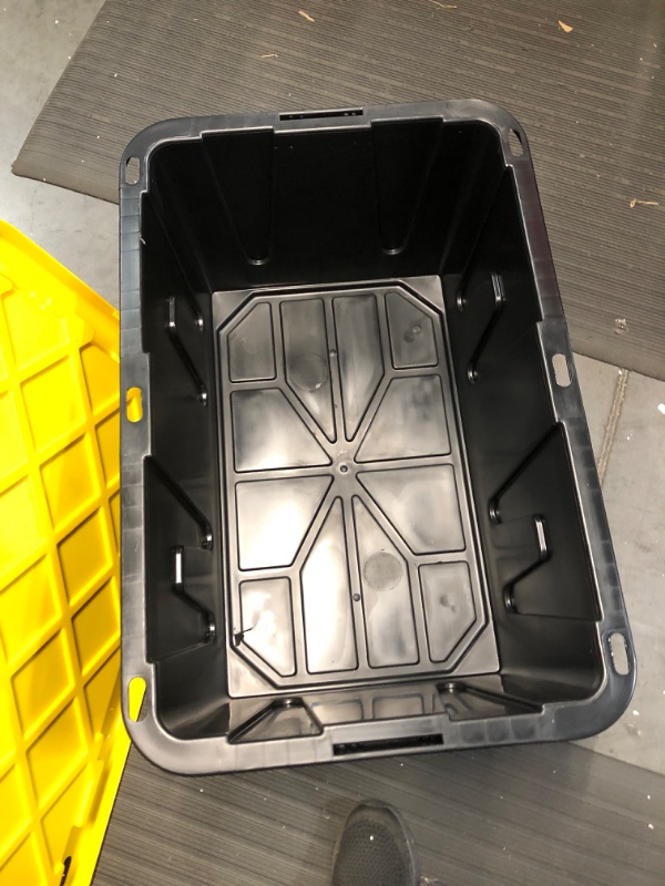 Photo 1 of Homz Durabilt 27 Gallon Capacity Flip Lid Stackable Heavy Duty Tough Storage Container Tote, Black Base with Yellow Lid (2 Pack) Black Base/Yellow Lid 27 Gallon (Pack of 2)