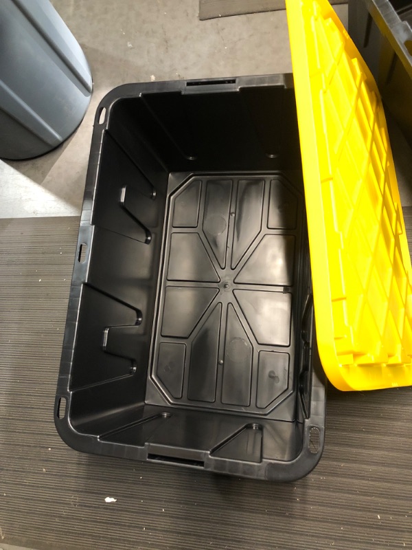 Photo 1 of Homz Durabilt 27 Gallon Capacity Flip Lid Stackable Heavy Duty Tough Storage Container Tote, Black Base with Yellow Lid (2 Pack) Black Base/Yellow Lid 27 Gallon (Pack of 2)