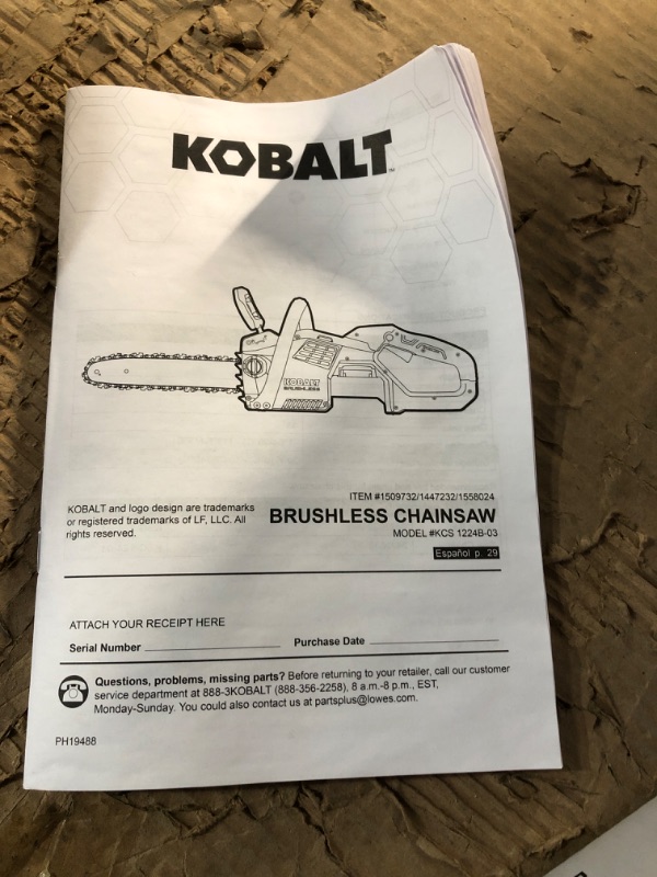 Photo 4 of * used * missing battery * see all images * no blade *
Kobalt KCS 1224A-03 24-Volt 12-in Brushless Cordless Electric Chainsaw 4 Ah