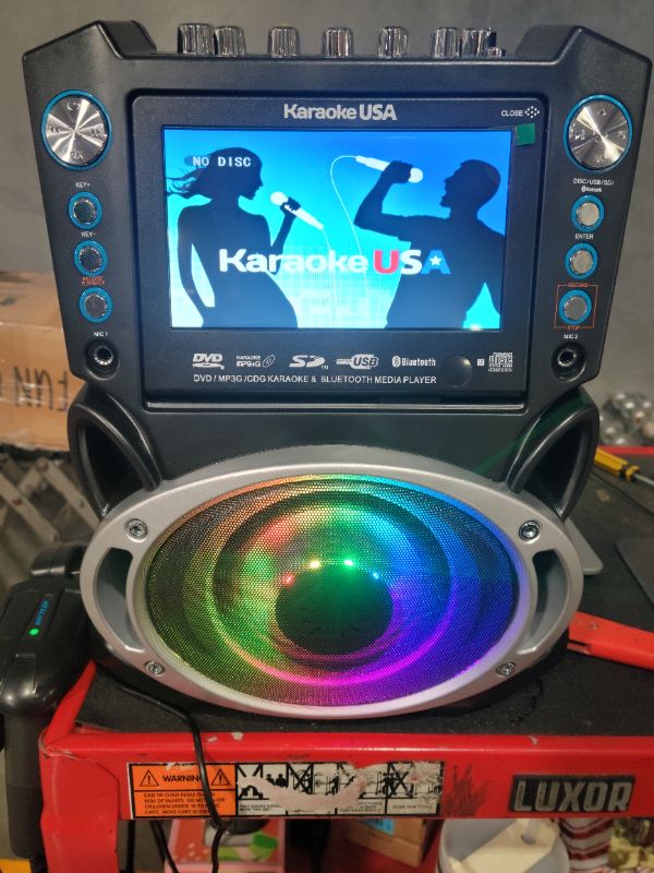 Photo 5 of **SEE NOTES**
Karaoke USA GF842 DVD/CDG/MP3G Karaoke Machine with 7" TFT Color Screen, Record, Bluetooth and LED Sync Lights