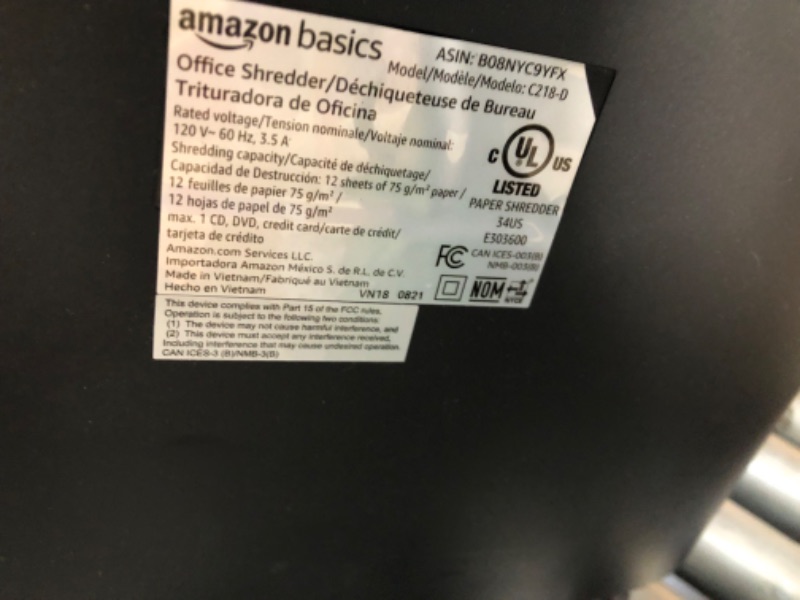 Photo 4 of ***NONFUNCTIONAL - SEE NOTES***
Amazon Basics 12 Sheet Micro-Cut Paper,Credit Card and CD Shredder for Office/Home