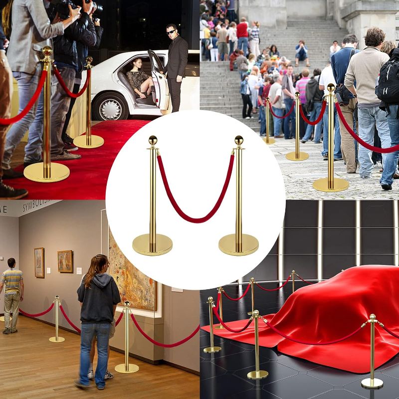 Photo 1 of *STOCK IMG AS REF ** Gold Stanchion Set, 3 Stanchion Posts Queue Pole 5FT 2 Red Velvet Ropes Crowd Control Barrier,