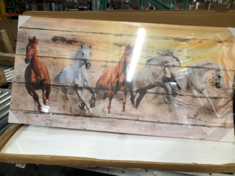 Photo 4 of *DAMAGE TO PHOTO/FRAME SEE PHOTOS** LevvArts - Large Horse Canvas Wall Art Wild Animal Picture Print on Canvas Galloping Running Horses on Vintage Wood Background Painting Rustic Country Style Home Decor Ready to Hang