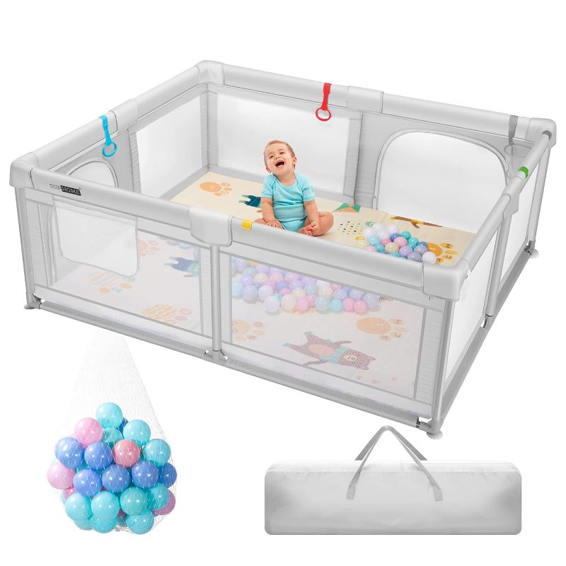 Photo 1 of *STOCK IMG AS REF ** Large Baby Playpen with Mat, Ocean Balls, Net Basket and Pull Rings, Safety Play Center Yard with Gate for Kids Activity Center, Light Gray