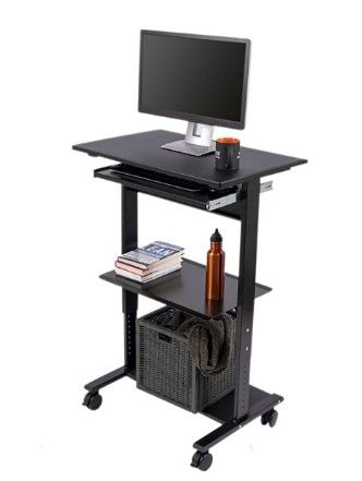 Photo 1 of *STOCK IMG AS REF -DIFFERENT THAN ACTUAL** Stand Up Desk Store Mobile Rolling Adjustable Height Standing Workstation with Printer Shelf and Slideout Keyboard Tray BROWN