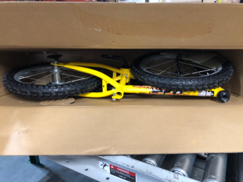 Photo 4 of *MISSING NUTS/BOLTS** Magna Dynacraft Major Damage Bike, 12-20-Inch Wheels, Boys Ages 3-10 Years Old Yellow 16" Training Wheels