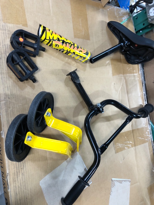 Photo 3 of *MISSING NUTS/BOLTS** Magna Dynacraft Major Damage Bike, 12-20-Inch Wheels, Boys Ages 3-10 Years Old Yellow 16" Training Wheels