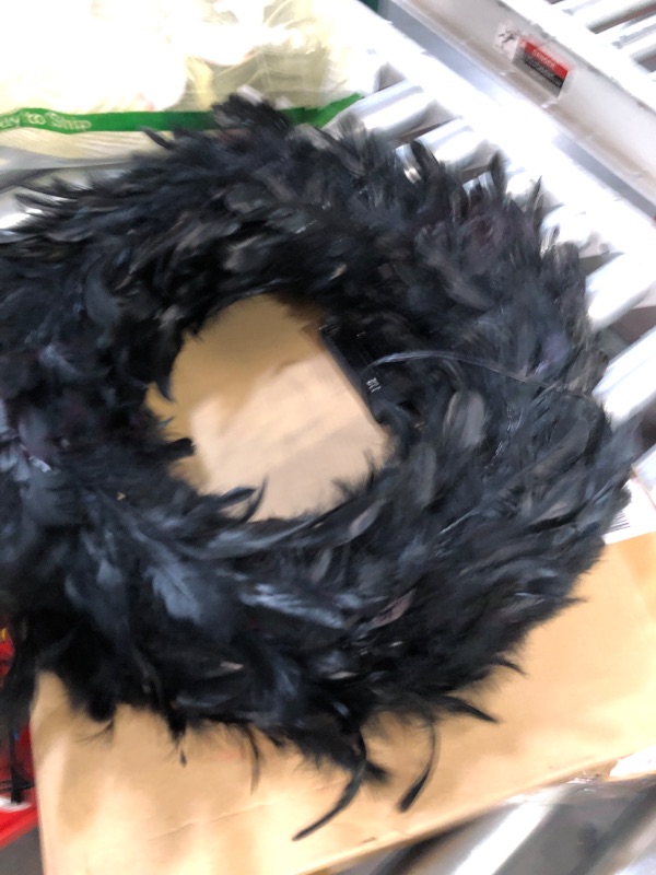 Photo 2 of [ Prelit & Timer ] TURNMEON 18 Inch Halloween Wreath Black Feather Halloween Decorations with 40 LED Purple 