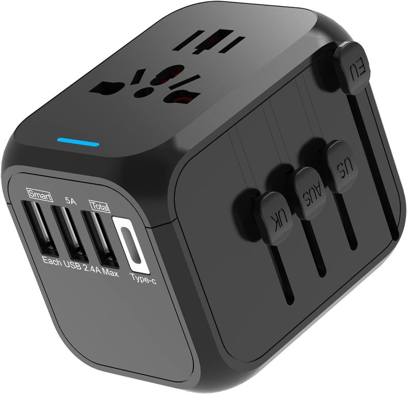 Photo 1 of CHEANDEUL European Travel Plug Adapter All in One International Plug Adapter High Speed 3 USB 2.4A & 1 Type-C 3.0A, Universal Travel Adapter Worldwide AC Outlet Converter for US EU UK AUS Black
