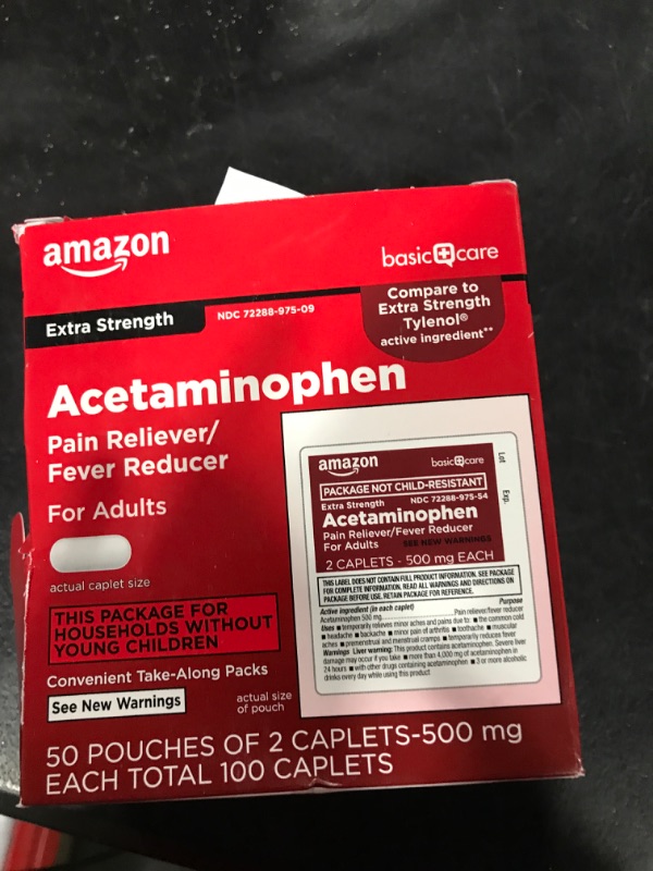 Photo 2 of Amazon Basic Care Extra Strength Acetaminophen Caplets 500 mg, Pain Reliever and Fever Reducer, 50 Pouches of 2 Caplets Each, Total 100 2 Count (Pack of 50) Extra Strength