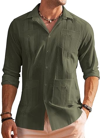 Photo 1 of COOFANDY Men's Long Sleeve Cuban Guayabera Shirt Casual Button Down Cotton Linen Beach Wedding Shirt
