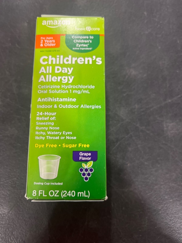 Photo 2 of Amazon Basic Care Children’s All Day Allergy, Cetirizine Hydrochloride Oral Solution 1 mg/mL, Grape Flavor, 8 Fluid Ounces Grape Flavor 8 Fl Oz (Pack of 1)