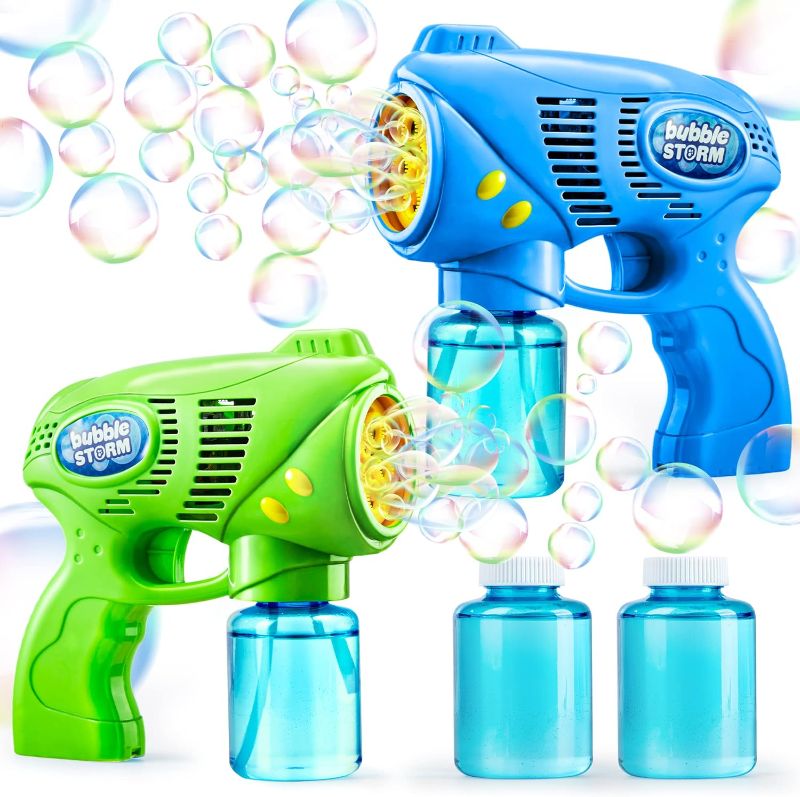 Photo 1 of 
JOYIN 2 Bubble Guns with 2 Bottles Bubble Refill Solution (10 oz Total), Bubble Machine for Toddlers 1-3, Bubble Blaster Party Favors, Summer Toy, Outdoors