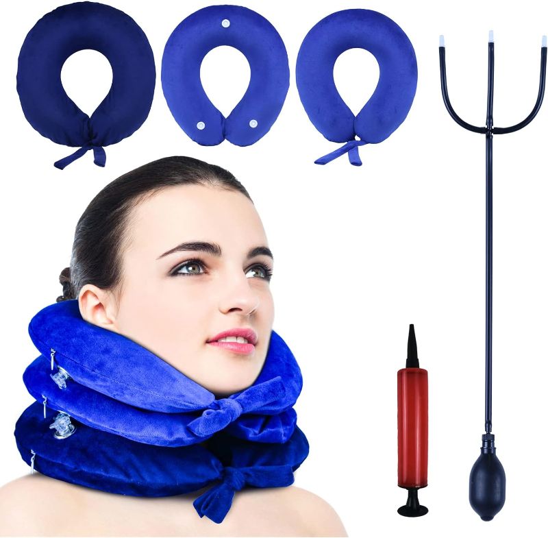 Photo 1 of 
Premium Adjustable Inflatable Cervical Tractor: Ultimate Pain Relief, Neck Stretching, and Decompression with Removable Neck Pillow (Blue)